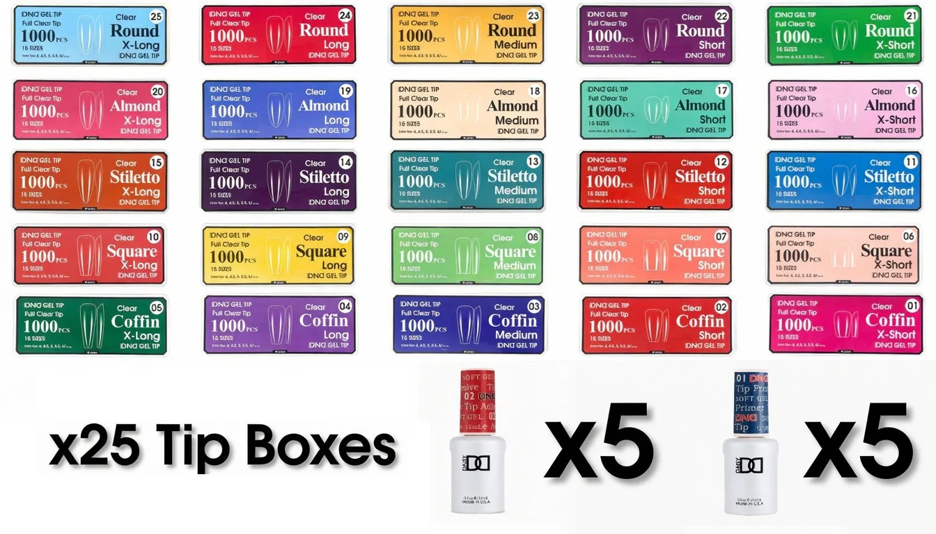 DND Gel Tip Collection Bundle – 25 Boxes All Shapes & Sizes + Adhesive & Primer